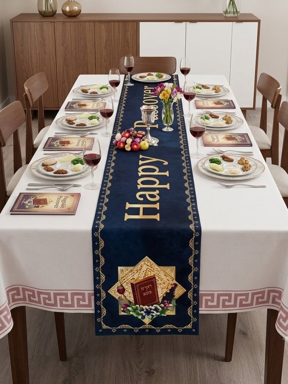 Passover Table Runner Blue Gold 14x72 – Matzoh Wine Holiday Symbols NEW